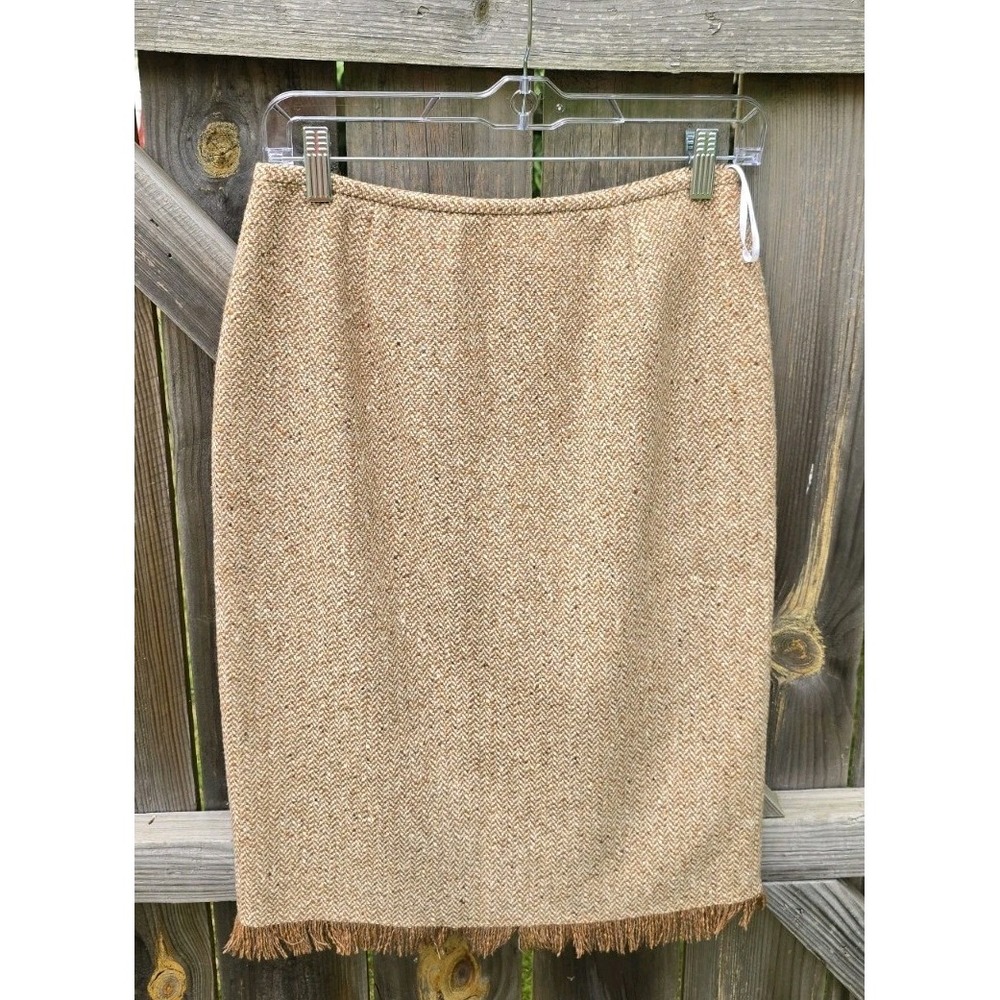 Lafayette 148 Woolen Tweed Pencil Skirt Beige Fringed Hem Size 4 Wool/ Silk